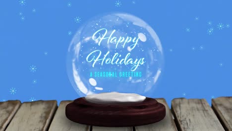 Animation-of-christmas-greetings-in-snow-globe-on-wooden-boards,-shooting-star-and-snow-falling