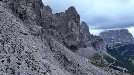 majestic dolomites mountains aerial view slowly establishing rocky valley peaks