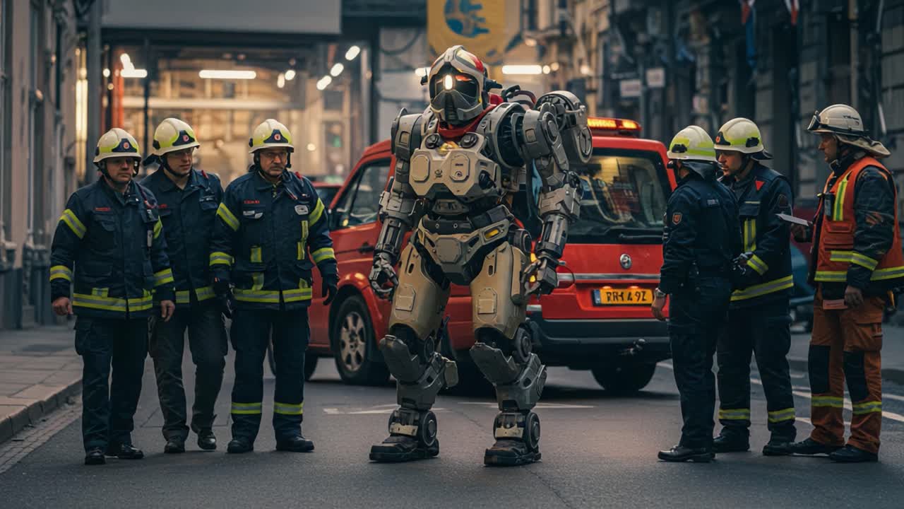 A Team of Firefighters Observes a State-of-the-Art Robotic Rescue Unit in Action, Showcasing Advanced Technology and Emergency Preparedness in Urban Settings