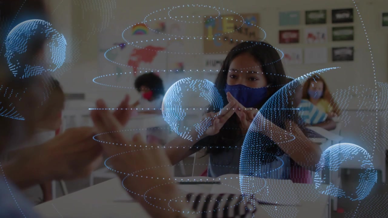 Teacher showing gestures in classroom, girl practicing and refining into X-shape under AR globes
