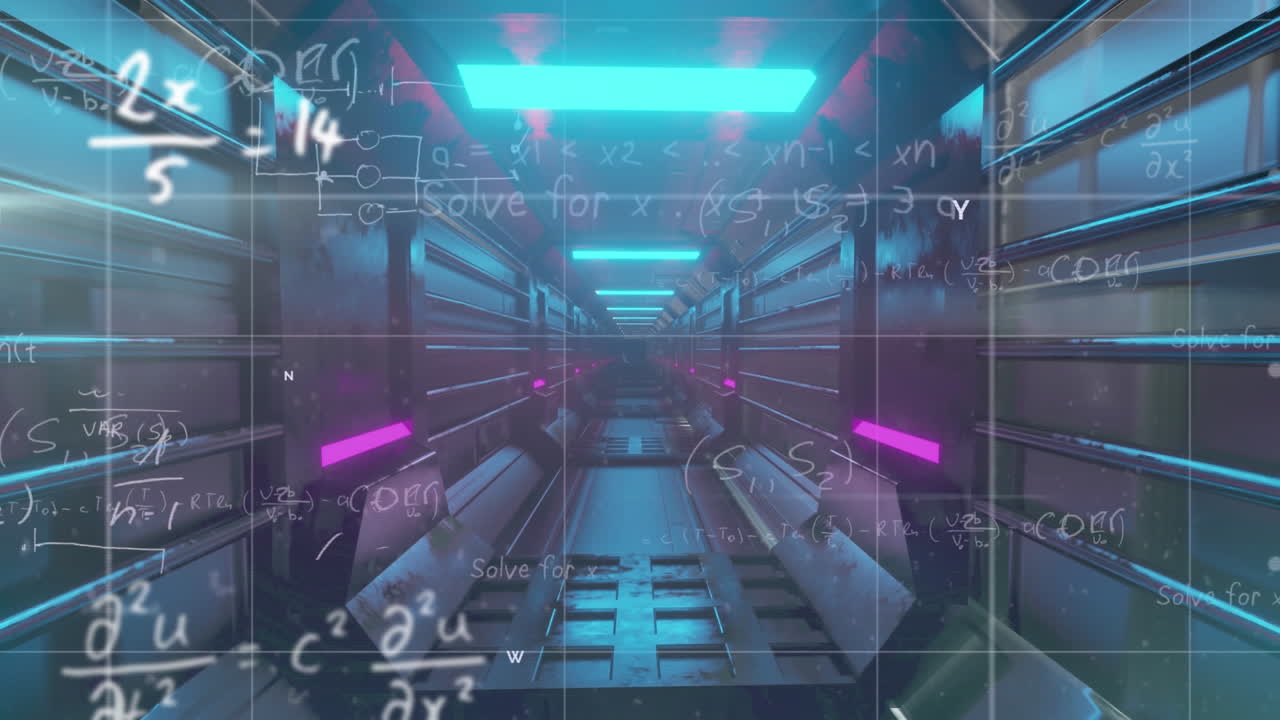 Mathematical equations over grid lines against glowing tunnel