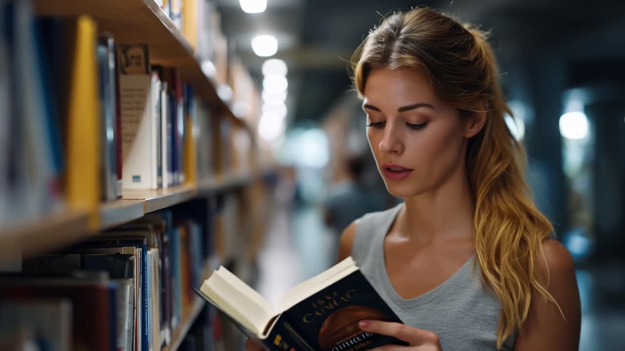 Una giovane donna sfoglia libri in una biblioteca silenziosa. Tocca delicatamente gli scaffali con curiosità concentrata. L'illuminazione soffusa esalta un'atmosfera calma e studiosa. Perfetto per contenuti educativi o accademici.