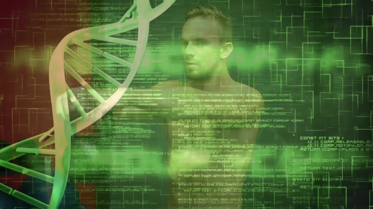 animación de una cadena de adn sobre un hombre musculoso haciendo ejercicio
