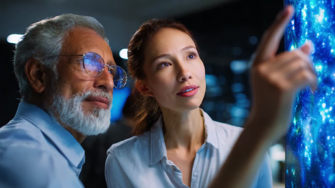 A thoughtful interaction between two individuals exploring a captivating digital display, showcasing vibrant cosmic visuals and engaging dialogue in a modern, high-tech environment filled with colors and innovation