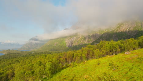 Dense-Nature-And-Majestic-Mountains-During-Foggy-Summer-In-Lofoten-Islands,-Norway