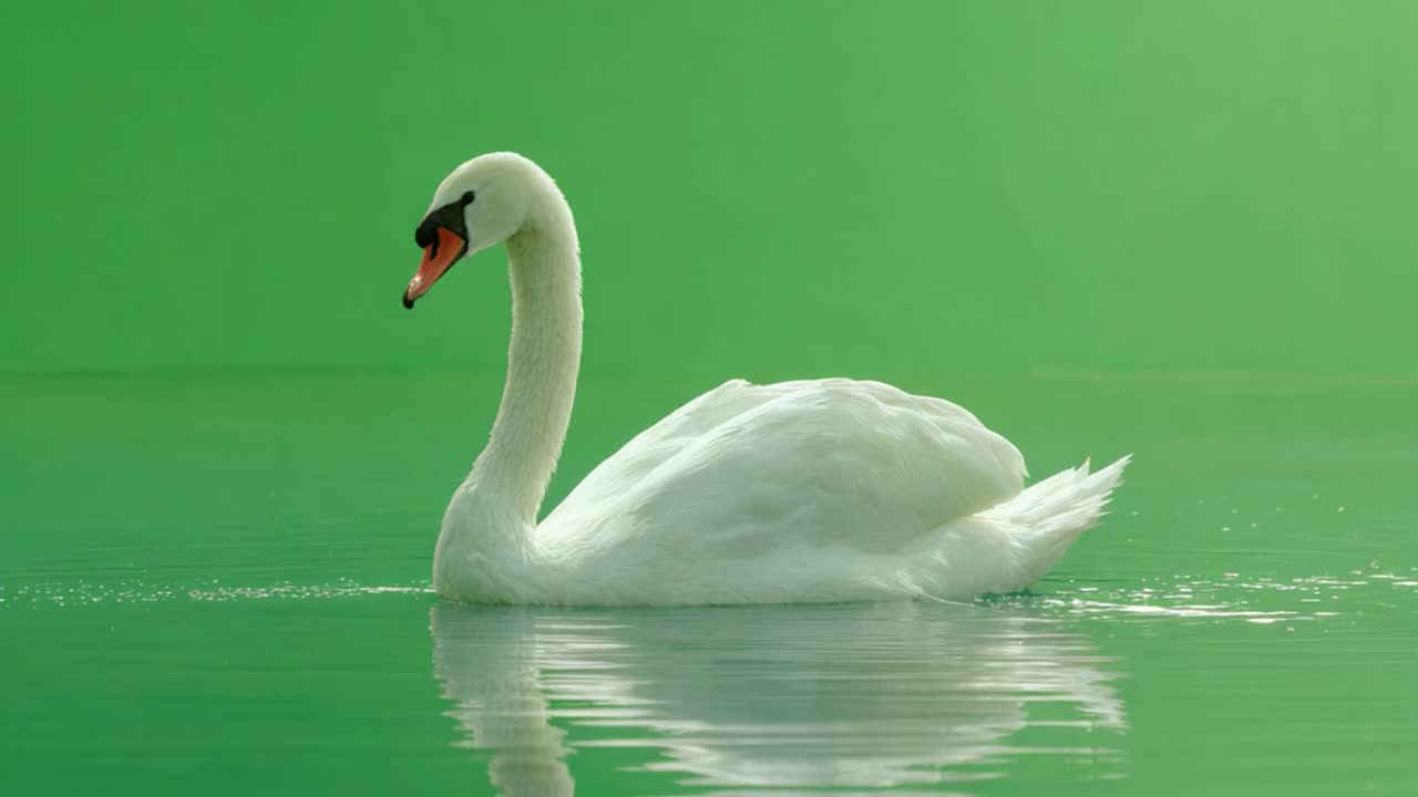 Pełen gracji biały łabędź płynący po spokojnych wodach z żywym zielonym tłem, odzwierciedlający spokój i naturalne piękno w swojej elegancji