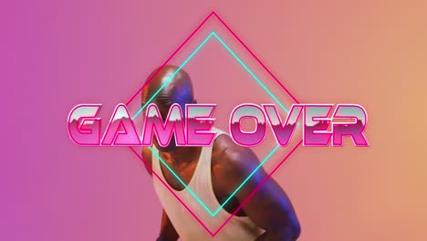 Animation-of-game-over-text-over-neon-pattern-and-african-american-basketball-player