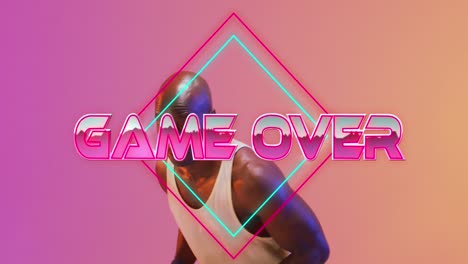 animación de juego sobre texto sobre patrón de neón y jugador de baloncesto afroamericano.