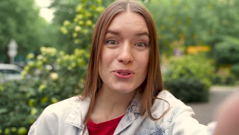 pretty young woman having a video call, waving hand at camera smiling