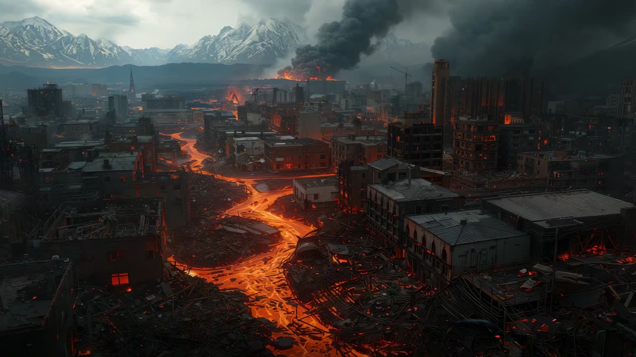 Hovering drone camera holding vantage over ruined cityscape, molten lava river flowing amid rubble