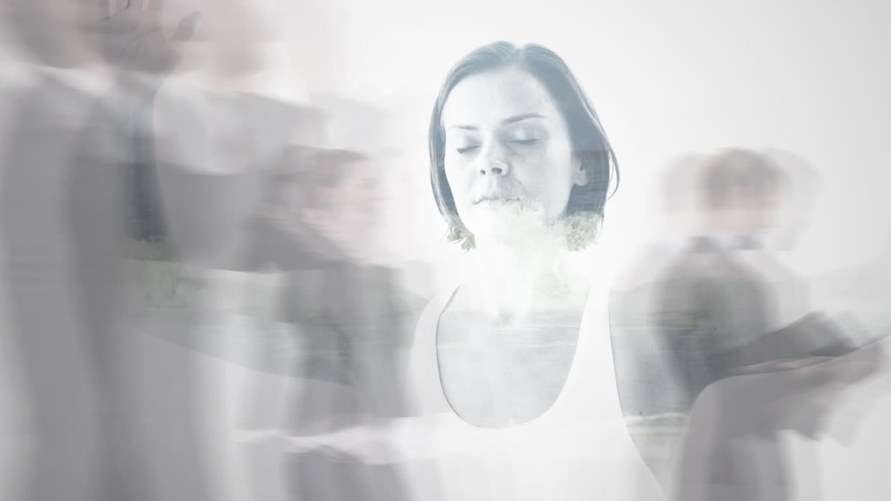 요가 와 명상 을 하고 있는 백인 여성 을 걸어다니는 사람 들 의 애니메이션