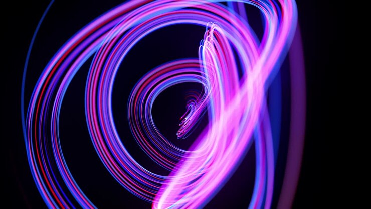 Light flow bg in 4k. Abstract looped background with light trails, stream of red blue neon lines in space move to form looped spiral shapes. Modern trendy motion design background. Light effect,