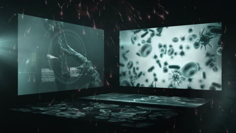 animación de fuegos artificiales y feliz año nuevo sobre pantallas con procesamiento de datos y microbios