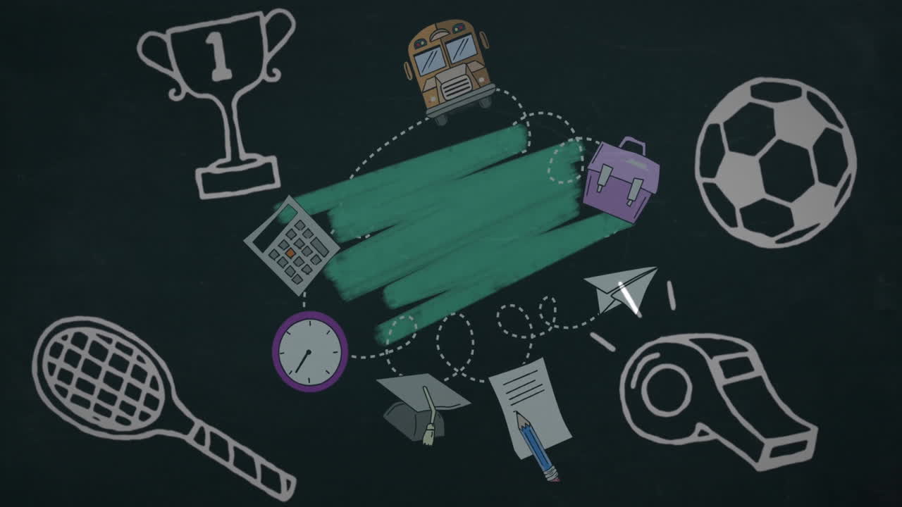 Animation of green squiggles and school items icons over black background