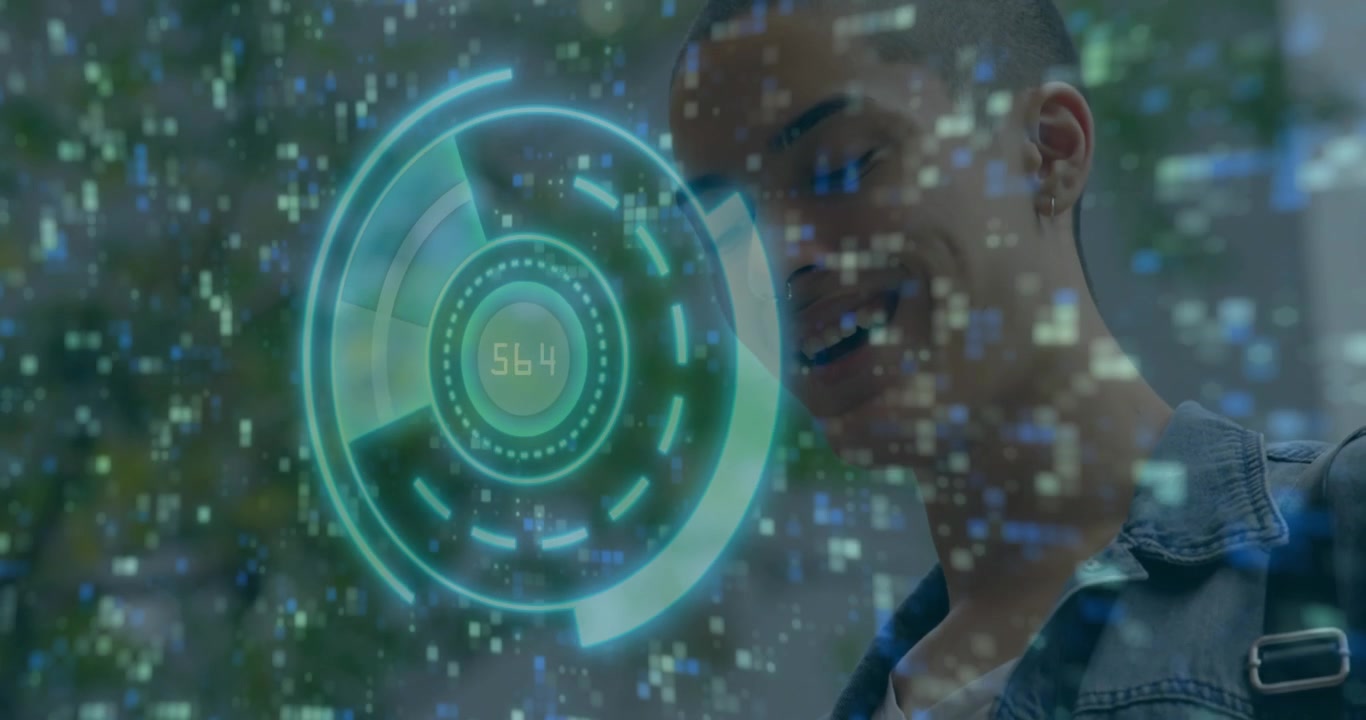 Man tapping and swiping hologram interface, cycling numbers while particles drifting in tech demo