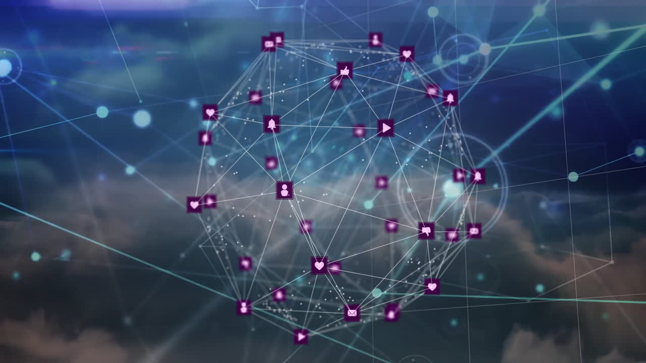 Animation of social media icons connected by lines over abstract background