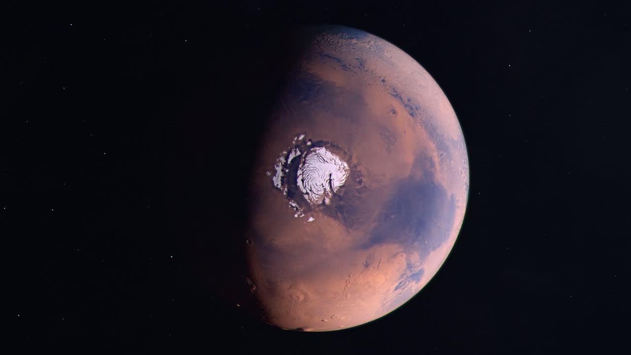 Subtle Rotation of Mars the Red Planet Showing the Polar Ice Caps as Seen From Above