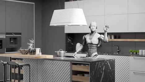 robot humanoide futurista cibercocando dentro de una casa cocina moderna inteligencia artificial renderización de animación en 3d