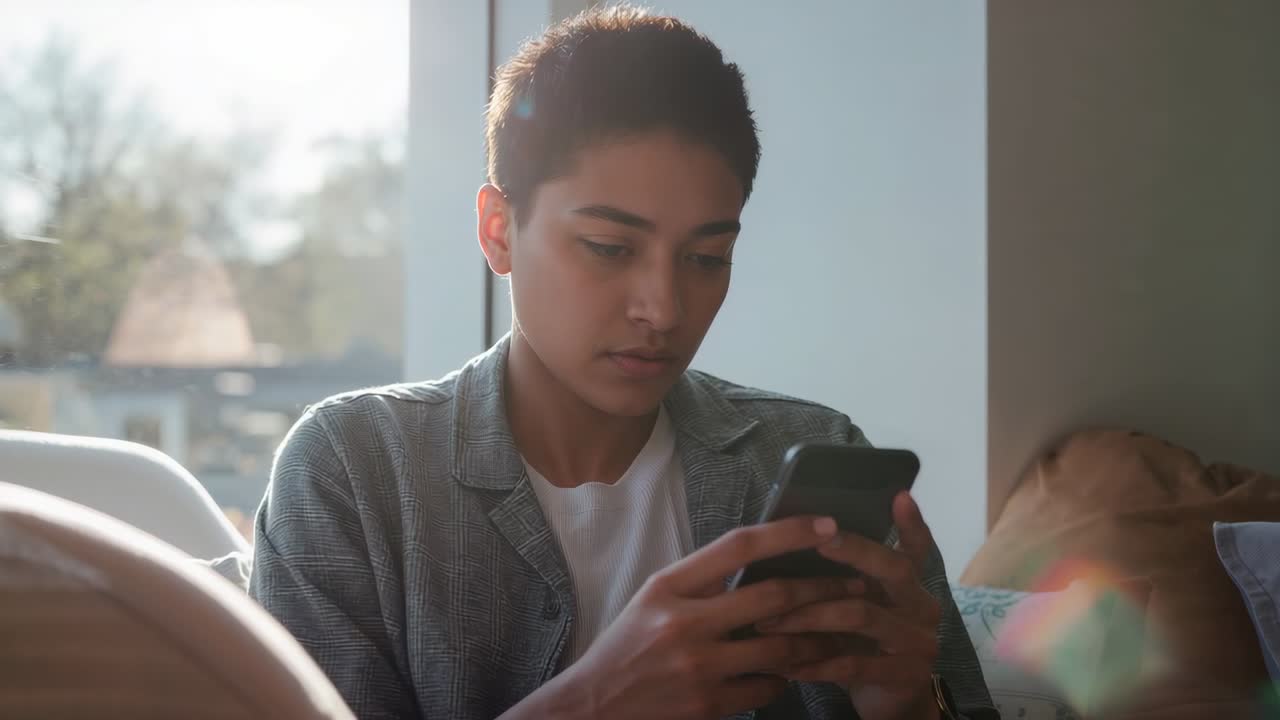 Teenager ve světle šedé košili si přináší telefon do záběru, čte obrazovku a scrolluje u okna.