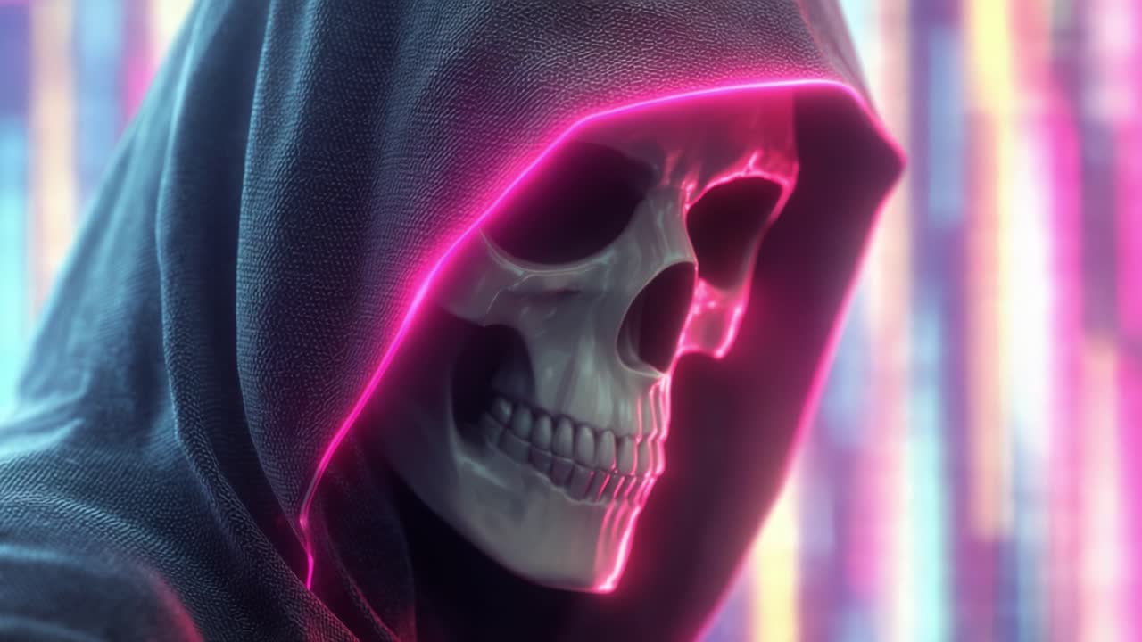 Et Digitalt Fantom: En Kunstnerisk Gengivelse af et Kranie Smykket med Neonglød i en Mystisk og Futuristisk Atmosfære