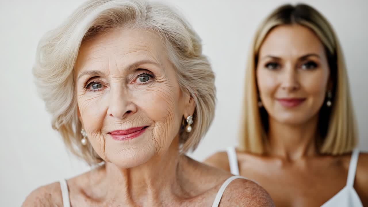 Blond senior woman with pearl earrings smiling warmly, sharing tender moments with her adult daughter against pristine white background during heartwarming family portrait session