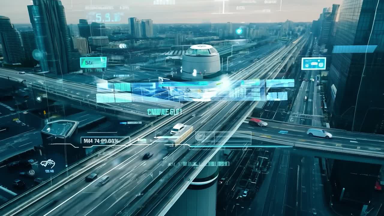 기술 오버레이 를 가진 도시 고속도로 의 공중 사진