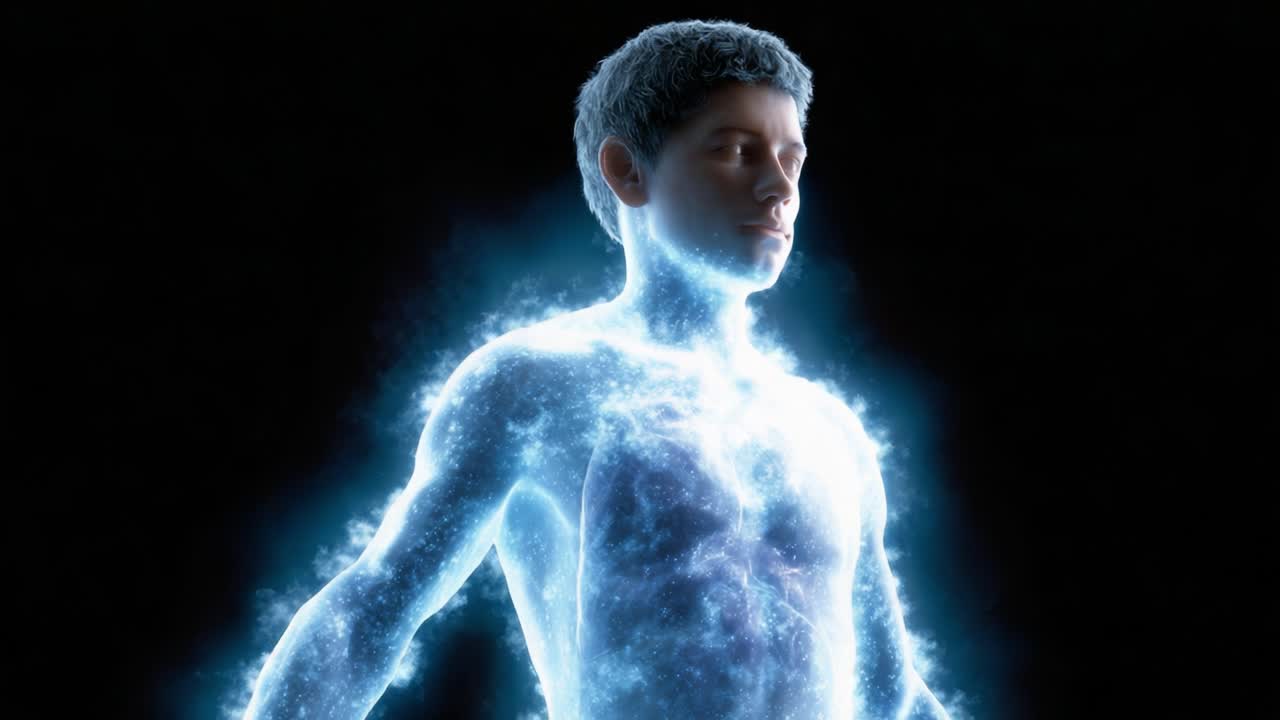 A Mystical Transformation: The Journey of a Young Man Surrounded by Ethereal Energies, Capturing the Essence of Light and Life in a Digital Realm