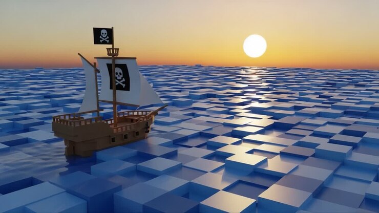 Una nave pirata scivola su cubetti di ghiaccio scintillanti mentre il sole tramonta all'orizzonte, creando una scena accattivante di avventura e mistero in un paesaggio enigmatico