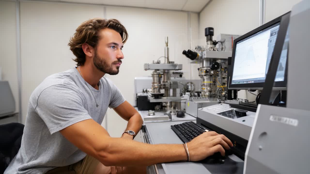 A focused young man engages with advanced technology in a laboratory setting, analyzing data on a computer screen while surrounded by sophisticated scientific equipment and instruments