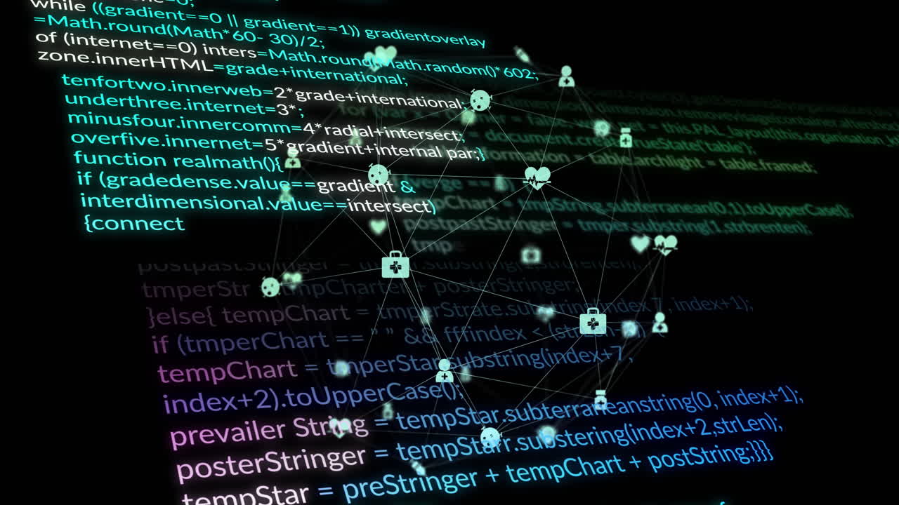 Animation of data processing and globe with icons over dark background