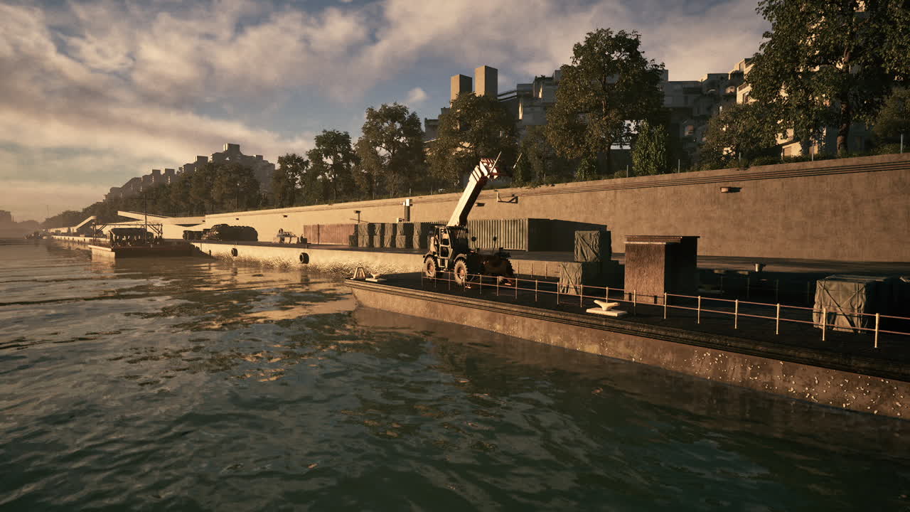 해가 지는 동안 바쁜 강변 항구 에서 배 에 화물 을 탑재 하는 것