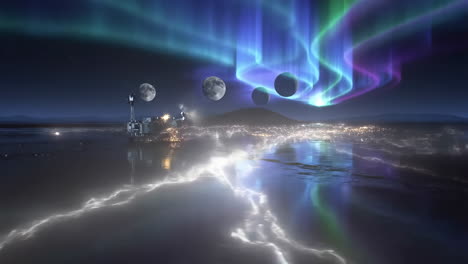 futuristic aurora landscape with multiple moons and electrical discharges