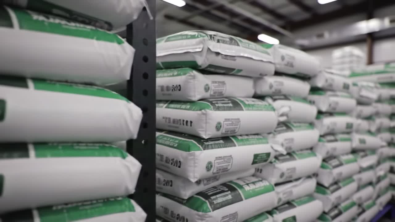 A Detailed View of Stacked Bags in a Storage Facility, Showcasing Neatly Organized Inventory and Storage Solutions for Efficient Warehouse Management