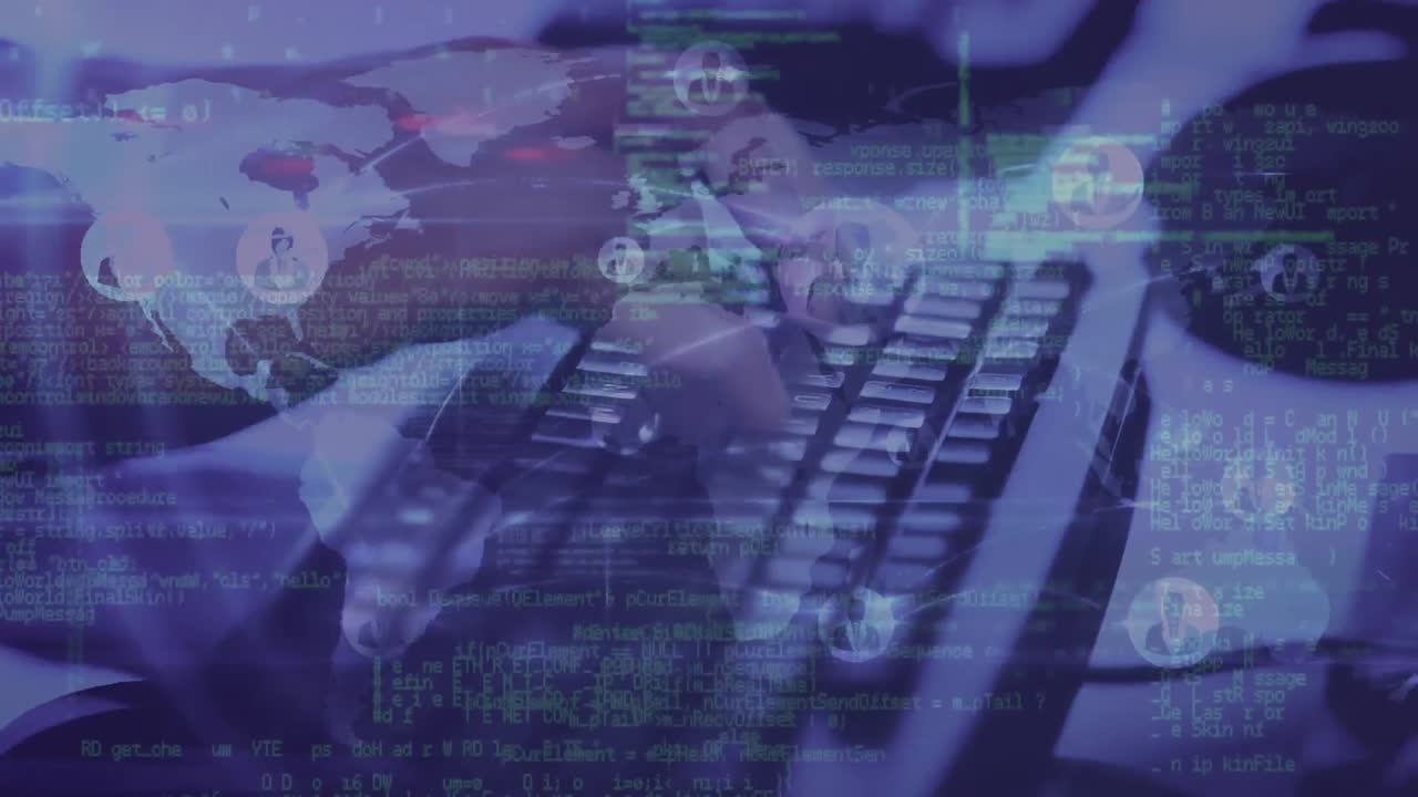 animación del procesamiento de datos y la red de conexiones sobre el empresario que trabaja en la computadora