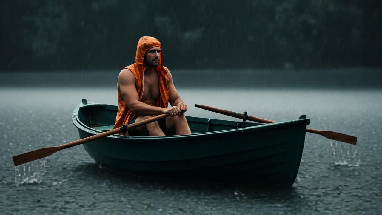 Man Rowing on a Lake in the Rain