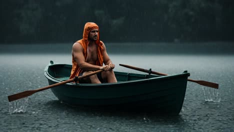 man rowing on a lake in the rain