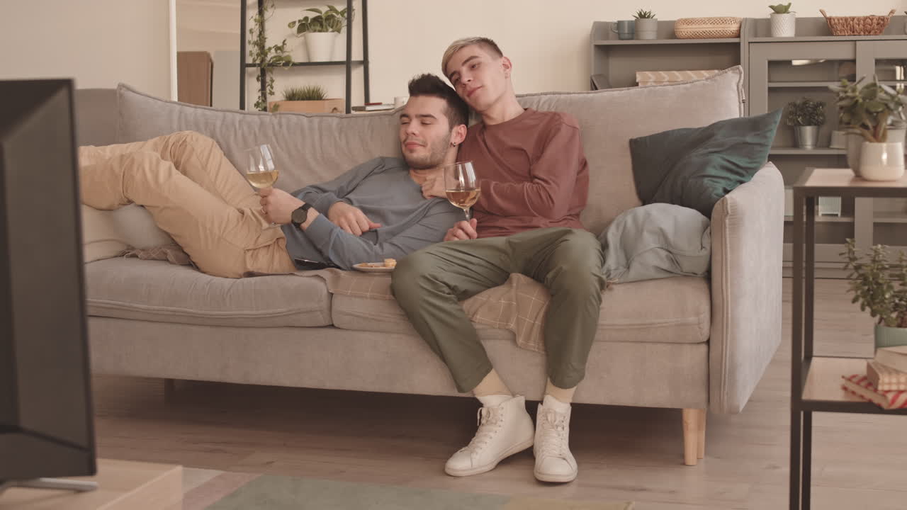 Pair of Young Men Drinking Wine and Watching TV