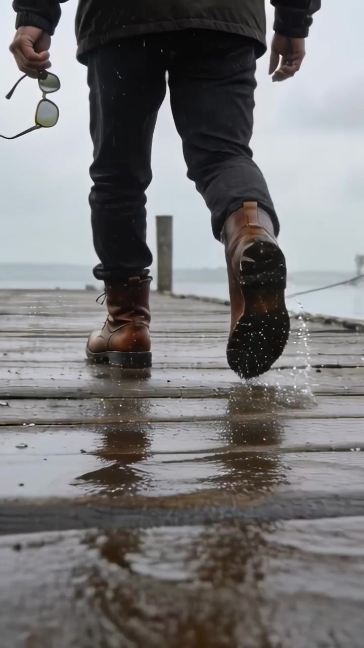 Vertical video: Step causing man in coat walking pier, boots splashing puddles, holding sunglasses
