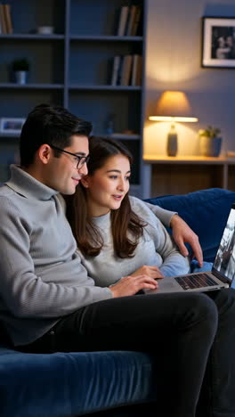 couple watching laptop on couch in evening