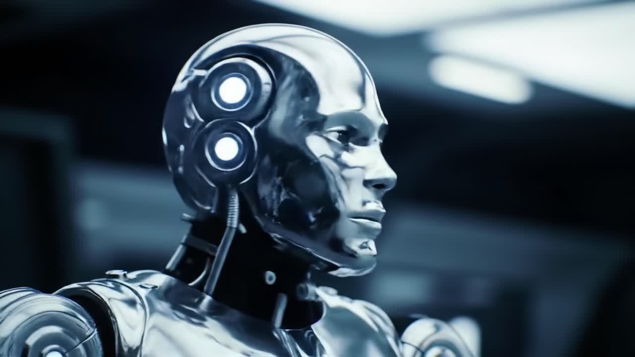 A highly detailed silver robot stands still in a sleek, modern setting. The advanced design showcases the potential future of robotics and artificial intelligence development, sparking curiosity.