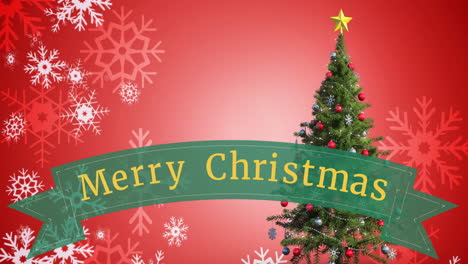 animación del texto de feliz navidad sobre el árbol de navidad y la nieve cayendo