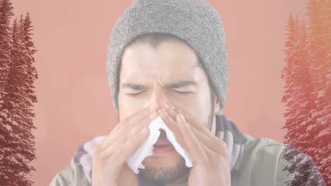 animation of caucasian man sneezing and using tissue with fir trees