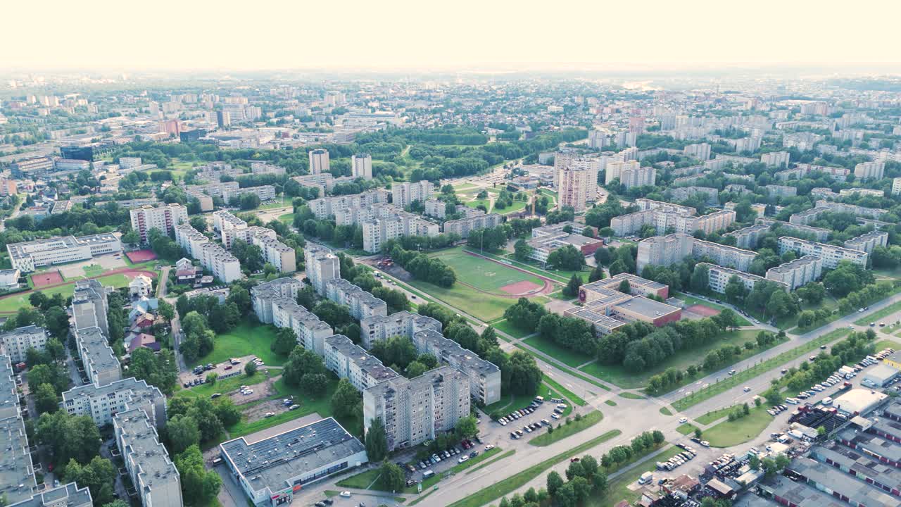Old apartment buildings in Kaunas suburbs, aerial view