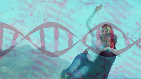embracing couple with dna strand and network connections in background