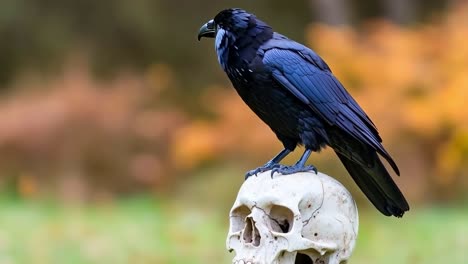 a black bird sitting on top of a skull