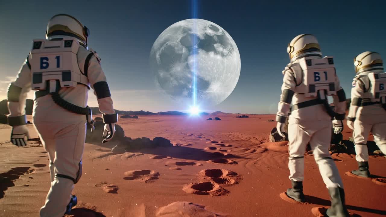 Kanter afslører dragtklædt besætning med 61 pakker, astronauter går mod blå stråle på rødt sand, sonderende