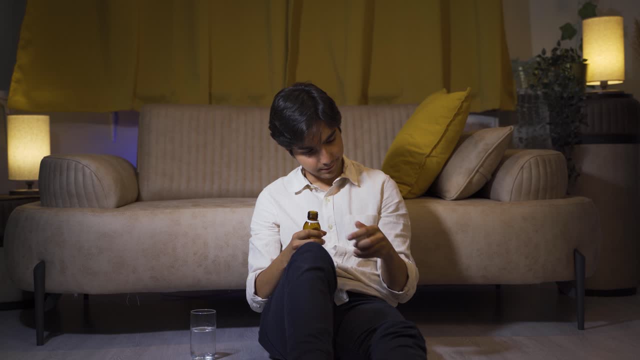 un hombre deprimido está tomando pastillas antidepresivas.