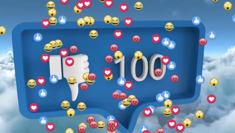 Animation-Von-Emoticons,-Die-über-Social-Media-Reaktionen-Und-Wolken-Schweben