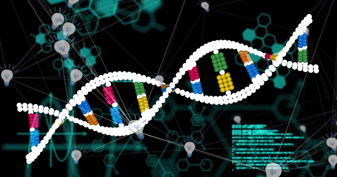 DNA helix entering left, waving, turning bases, activating nodes, refreshing code, showing genomics