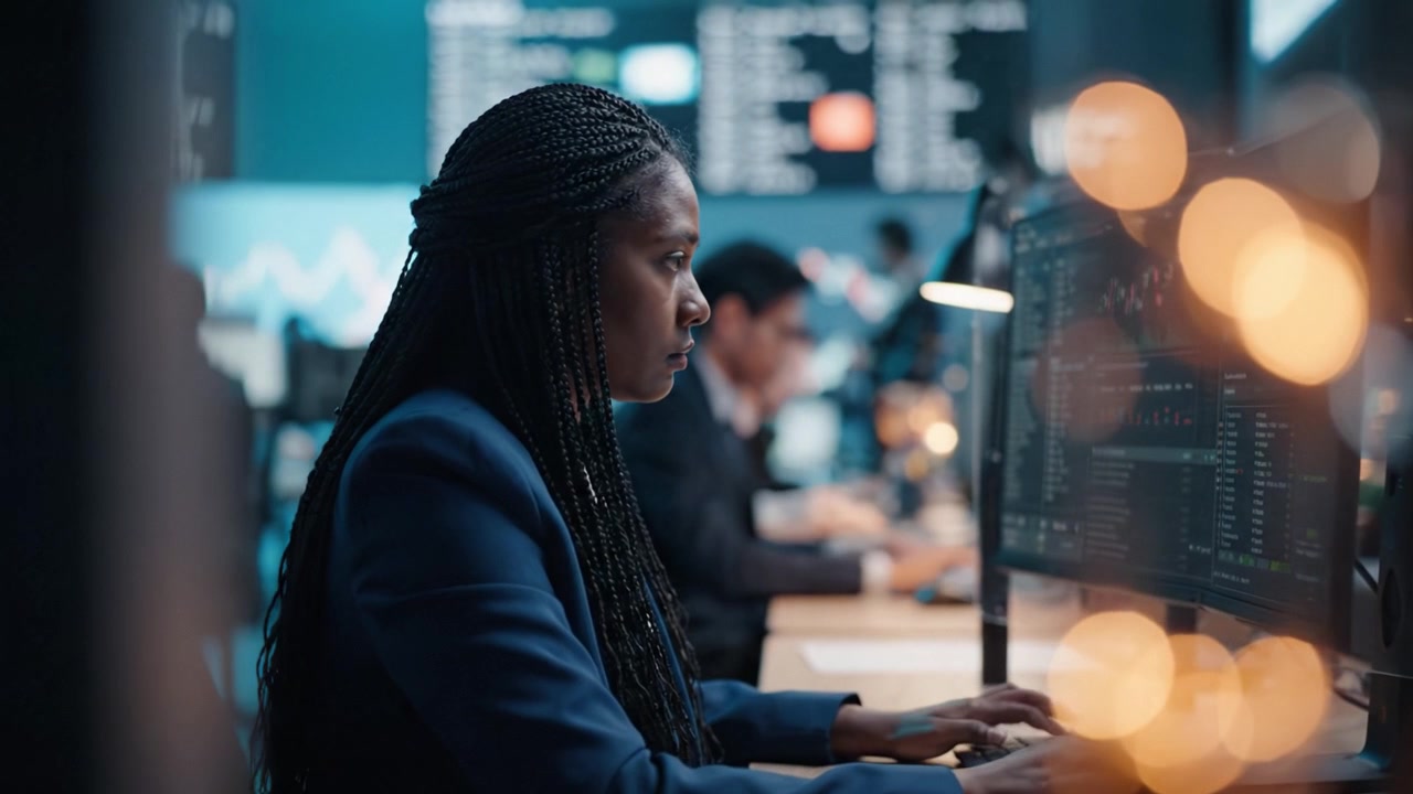 Focused Professional Analyzing Data in a Modern Stock Market Trading Environment with Advanced Technology and Dynamic Charts Displayed on Computer Screens